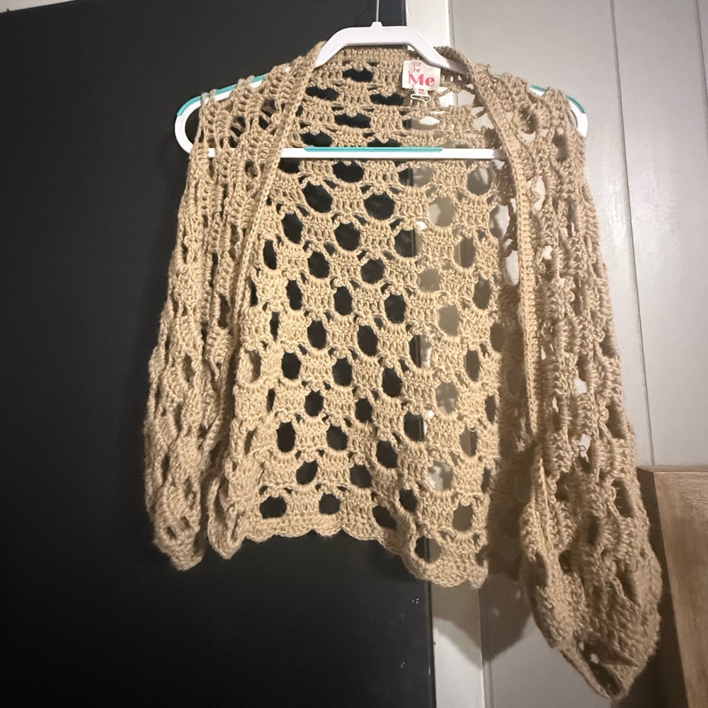 So Me Tan Shrug Sweater with Intricate Open-Weave Design